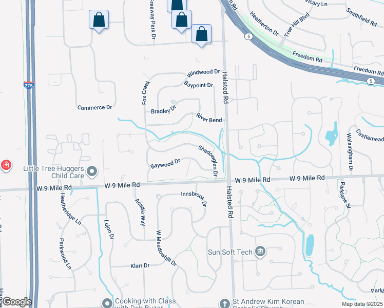 map of restaurants, bars, coffee shops, grocery stores, and more near 22615 Shadowglen Drive in Farmington Hills