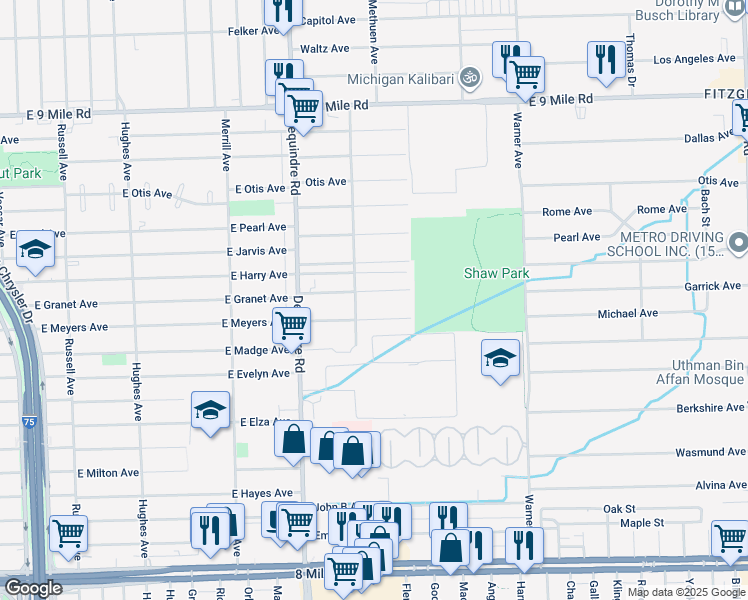 map of restaurants, bars, coffee shops, grocery stores, and more near 2128 Garrick Avenue in Warren