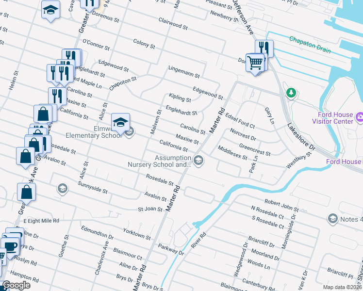 map of restaurants, bars, coffee shops, grocery stores, and more near 23006 Maxine Street in St. Clair Shores