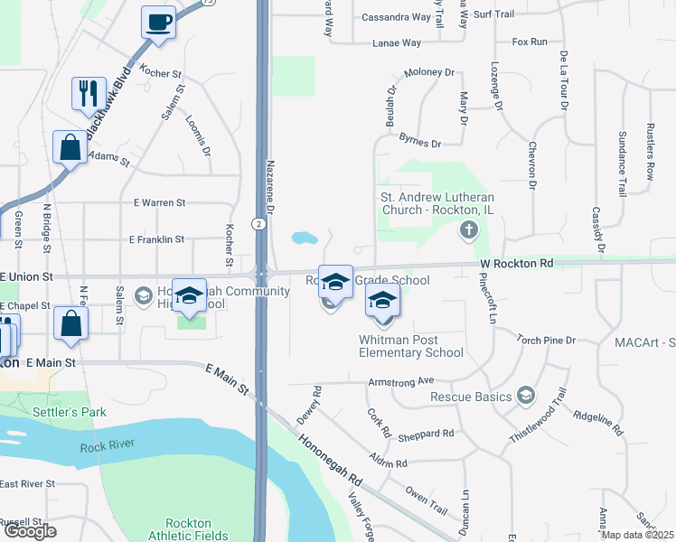 map of restaurants, bars, coffee shops, grocery stores, and more near 1050 East Union Street in Rockton
