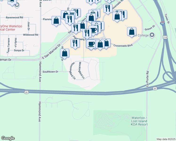 map of restaurants, bars, coffee shops, grocery stores, and more near 4115 Mourning Dove Drive in Waterloo