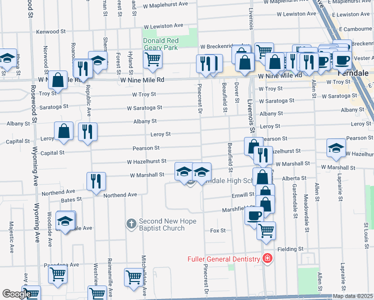 map of restaurants, bars, coffee shops, grocery stores, and more near 1308 Pearson Street in Ferndale