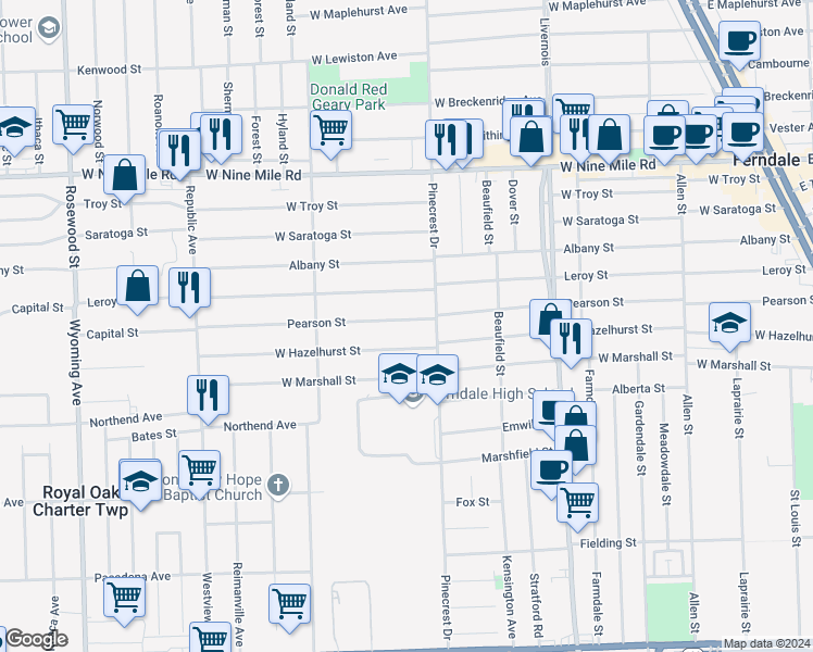 map of restaurants, bars, coffee shops, grocery stores, and more near 1261 Pearson Street in Ferndale