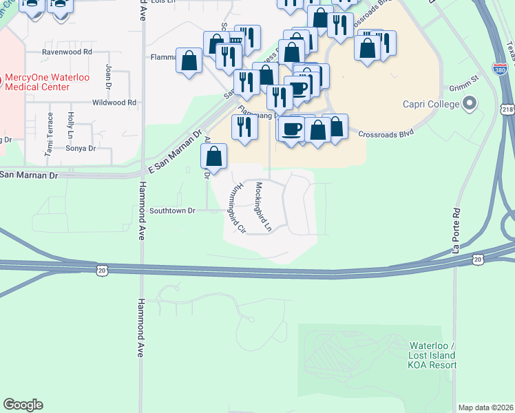 map of restaurants, bars, coffee shops, grocery stores, and more near 4129 Mockingbird Lane in Waterloo
