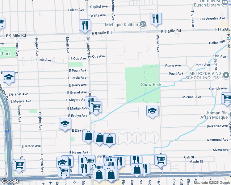 map of restaurants, bars, coffee shops, grocery stores, and more near 2128 Garrick Avenue in Warren