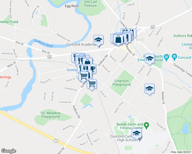 map of restaurants, bars, coffee shops, grocery stores, and more near 153 Thoreau Street in Concord