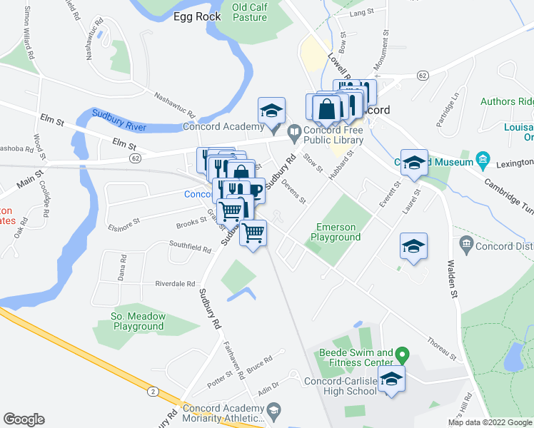 map of restaurants, bars, coffee shops, grocery stores, and more near 153 Thoreau Street in Concord