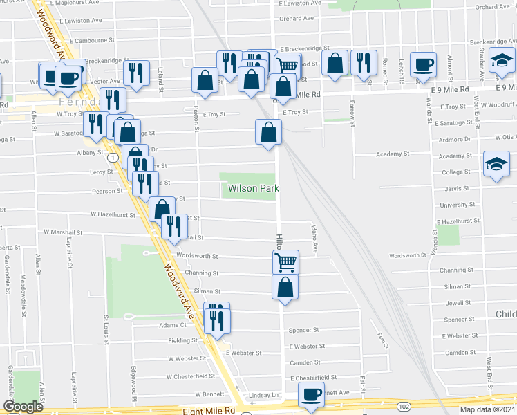map of restaurants, bars, coffee shops, grocery stores, and more near 486 University Street in Ferndale