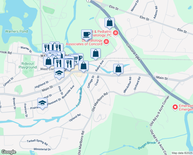 map of restaurants, bars, coffee shops, grocery stores, and more near 21 Old Bridge Road in Concord