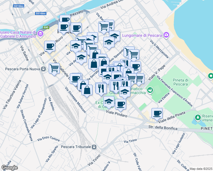 map of restaurants, bars, coffee shops, grocery stores, and more near 224/7 Viale Guglielmo Marconi in Pescara