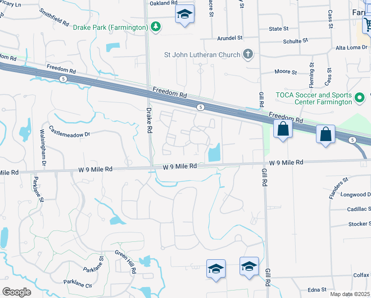 map of restaurants, bars, coffee shops, grocery stores, and more near 22488 Bell Court in Farmington Hills