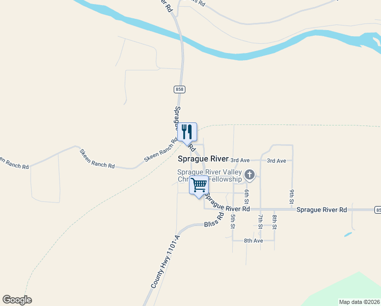 map of restaurants, bars, coffee shops, grocery stores, and more near 2nd Street in Chiloquin