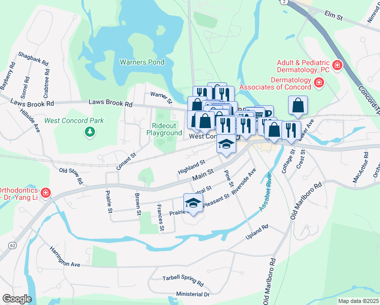 map of restaurants, bars, coffee shops, grocery stores, and more near 48 Junction Square Drive in Concord
