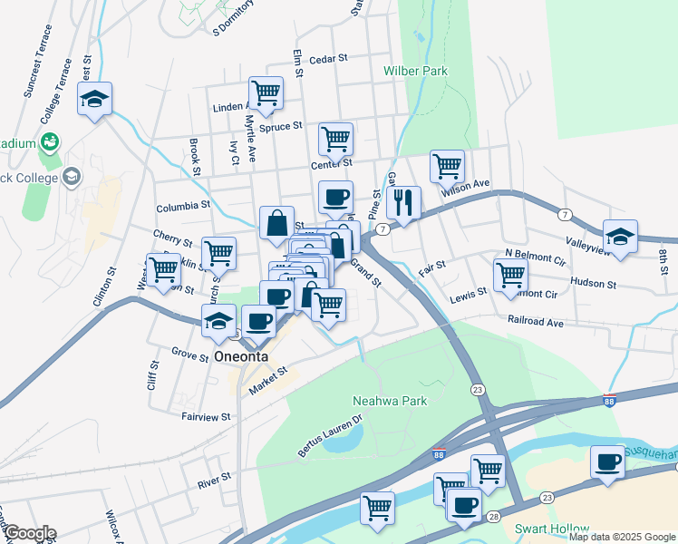 map of restaurants, bars, coffee shops, grocery stores, and more near 318 Main Street in Oneonta