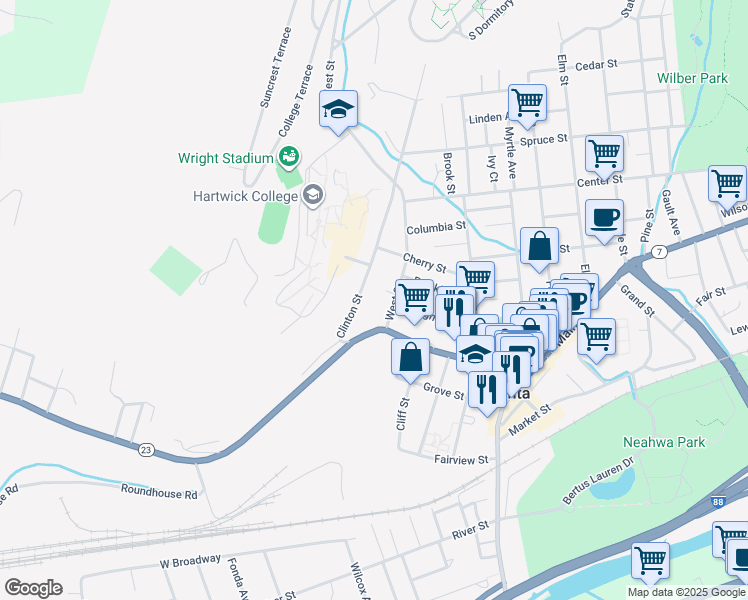 map of restaurants, bars, coffee shops, grocery stores, and more near 16 Clinton Street in Oneonta