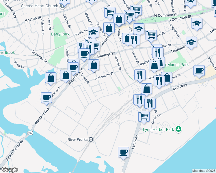 map of restaurants, bars, coffee shops, grocery stores, and more near 12 Norton Street in Lynn