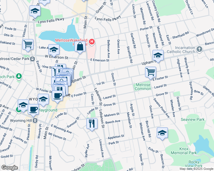 map of restaurants, bars, coffee shops, grocery stores, and more near 45 1st Street in Melrose