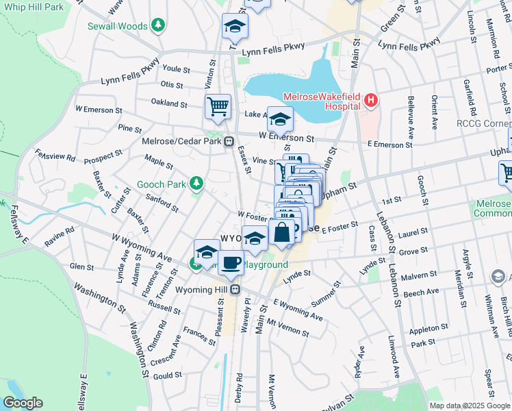 map of restaurants, bars, coffee shops, grocery stores, and more near 16 Willow Street in Melrose