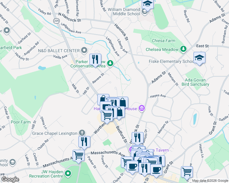map of restaurants, bars, coffee shops, grocery stores, and more near 22 Lois Lane in Lexington