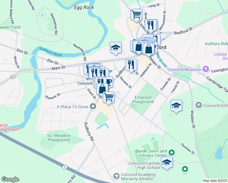 map of restaurants, bars, coffee shops, grocery stores, and more near 153 Thoreau Street in Concord