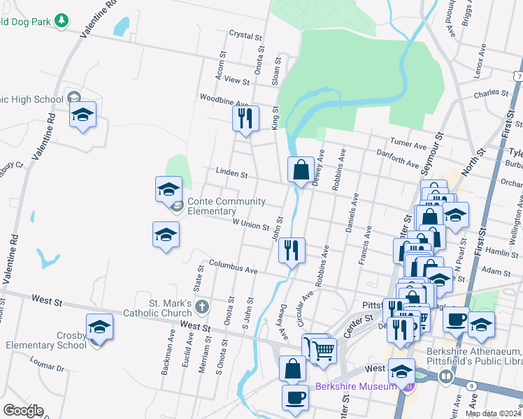 map of restaurants, bars, coffee shops, grocery stores, and more near 37 Monroe Street in Pittsfield