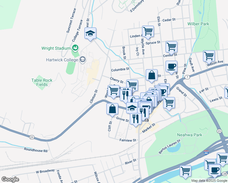 map of restaurants, bars, coffee shops, grocery stores, and more near 23 Franklin Street in Oneonta