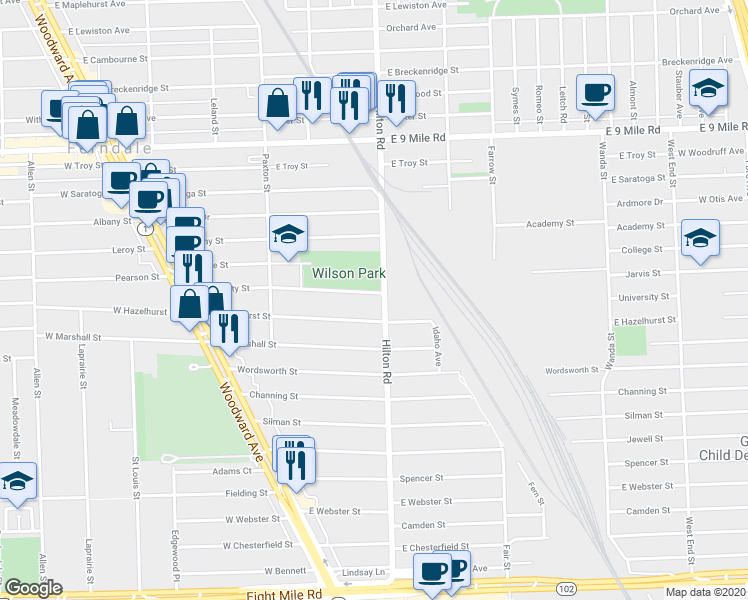 map of restaurants, bars, coffee shops, grocery stores, and more near 486 University Street in Ferndale