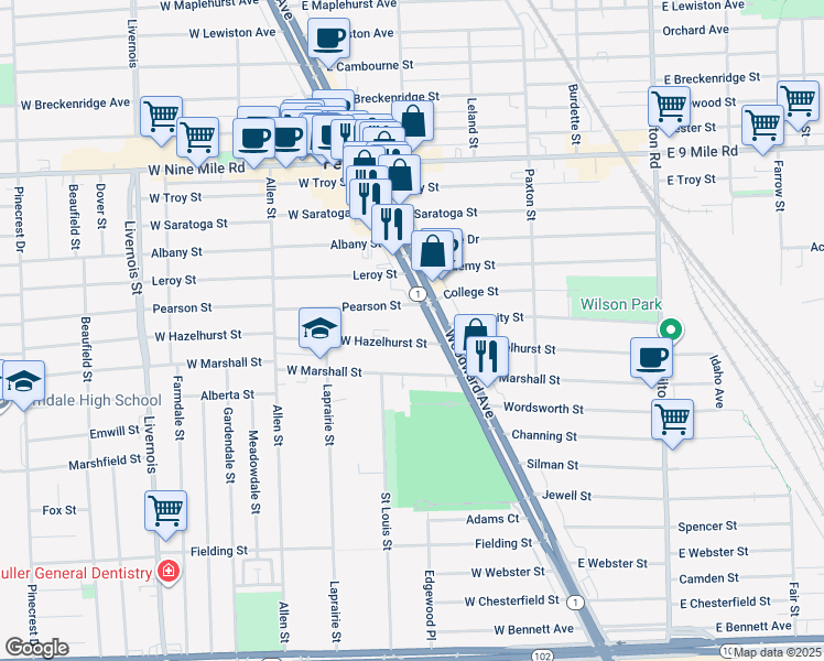 map of restaurants, bars, coffee shops, grocery stores, and more near 22111 Woodward Avenue in Ferndale