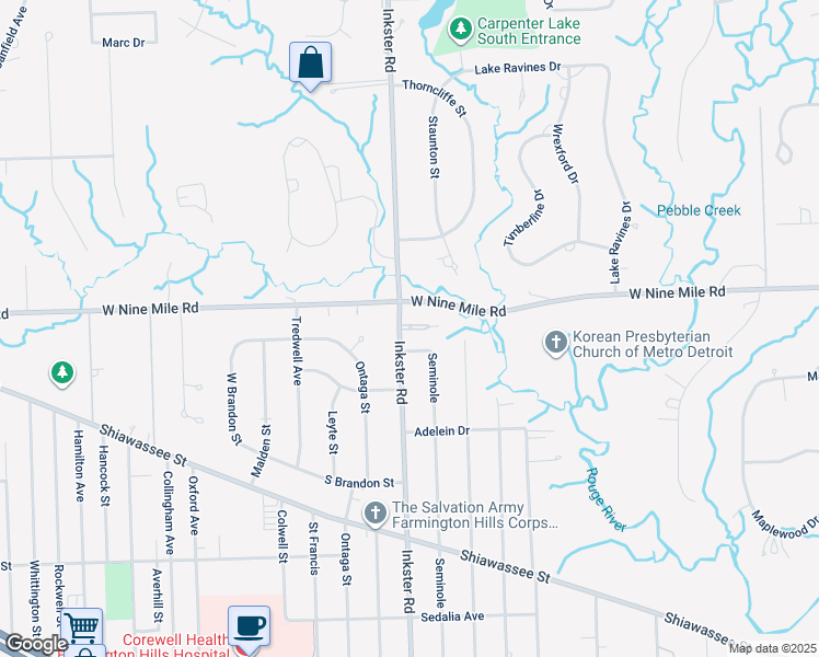 map of restaurants, bars, coffee shops, grocery stores, and more near in Southfield