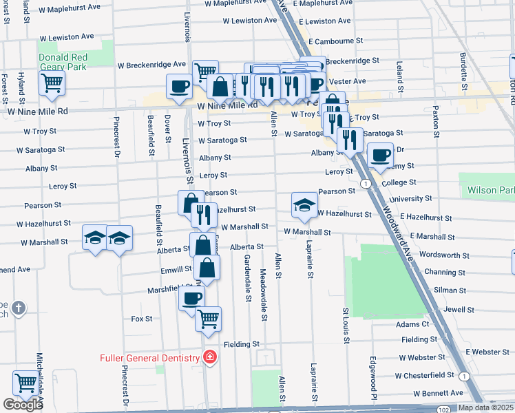 map of restaurants, bars, coffee shops, grocery stores, and more near 554 West Hazelhurst Street in Ferndale