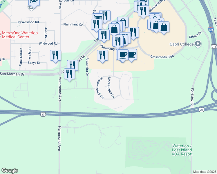 map of restaurants, bars, coffee shops, grocery stores, and more near 4134 Mockingbird Lane in Waterloo