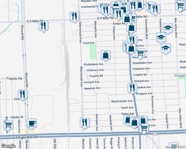 map of restaurants, bars, coffee shops, grocery stores, and more near 6812 Chalmers Avenue in Warren