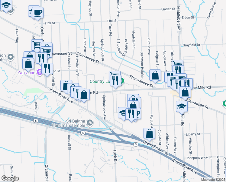 map of restaurants, bars, coffee shops, grocery stores, and more near 22400 Tuck Road in Farmington Hills