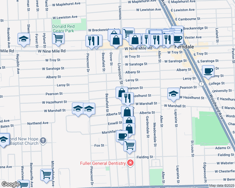 map of restaurants, bars, coffee shops, grocery stores, and more near 1201 Livernois in Ferndale