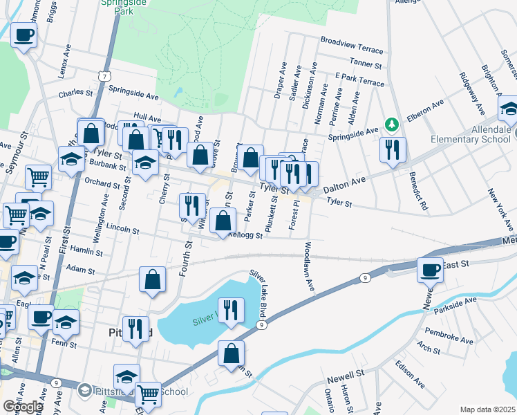 map of restaurants, bars, coffee shops, grocery stores, and more near 34 Parker Street in Pittsfield