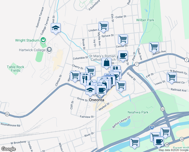 map of restaurants, bars, coffee shops, grocery stores, and more near 7 Hill Place in Oneonta