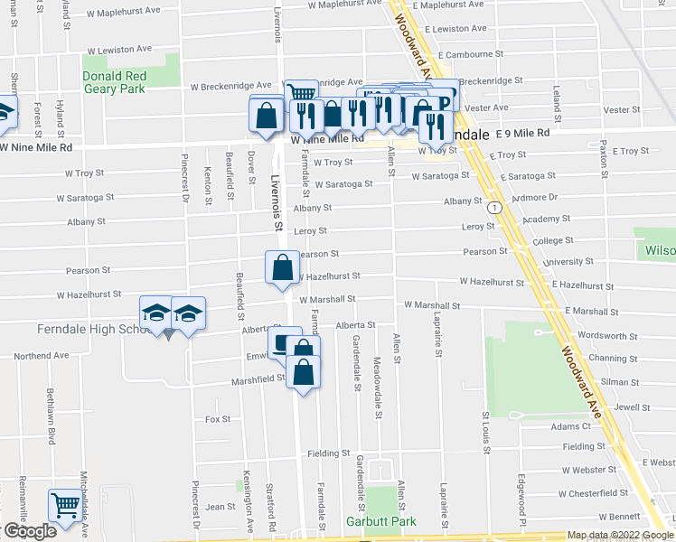 map of restaurants, bars, coffee shops, grocery stores, and more near 676 West Hazelhurst Street in Ferndale