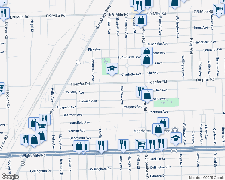 map of restaurants, bars, coffee shops, grocery stores, and more near 13113 Couwlier Avenue in Warren