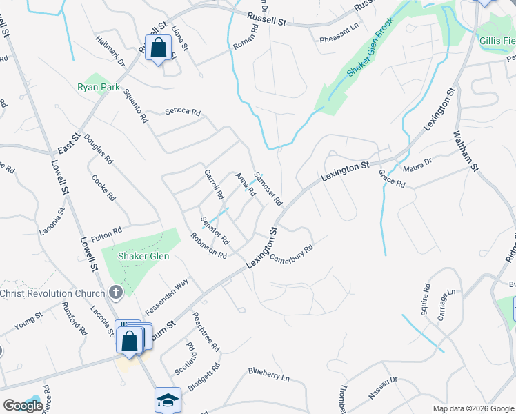 map of restaurants, bars, coffee shops, grocery stores, and more near 2 Anna Road in Woburn