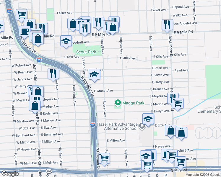 map of restaurants, bars, coffee shops, grocery stores, and more near 1147 East Granet Avenue in Hazel Park