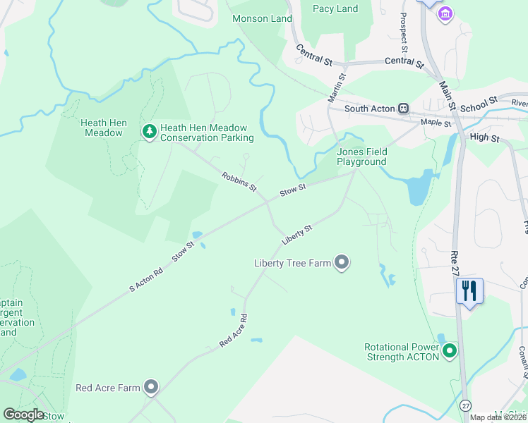 map of restaurants, bars, coffee shops, grocery stores, and more near 94 Stow Street in Acton