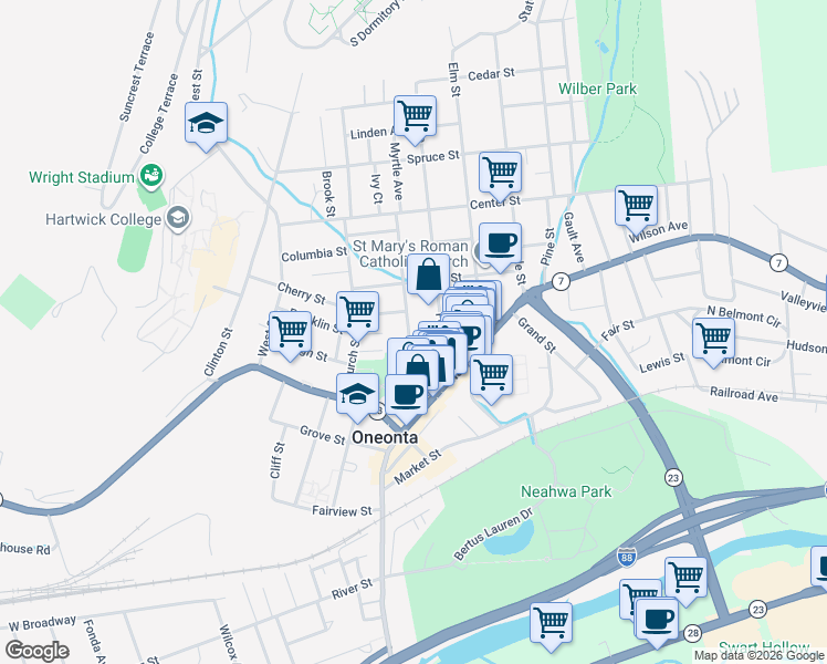 map of restaurants, bars, coffee shops, grocery stores, and more near 34 Dietz Street in Oneonta