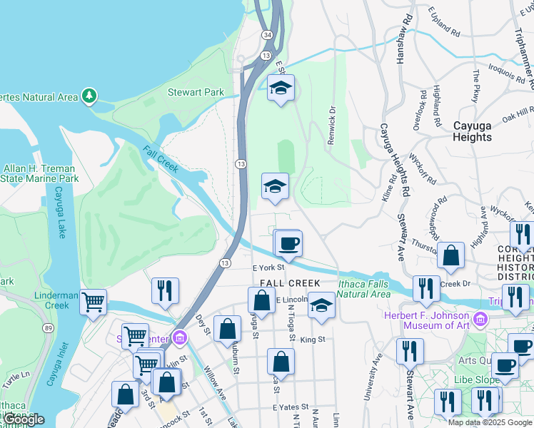 map of restaurants, bars, coffee shops, grocery stores, and more near 1401 North Cayuga Street in Ithaca