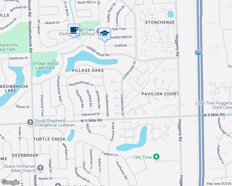 map of restaurants, bars, coffee shops, grocery stores, and more near 22715 Cranbrooke Drive in Novi