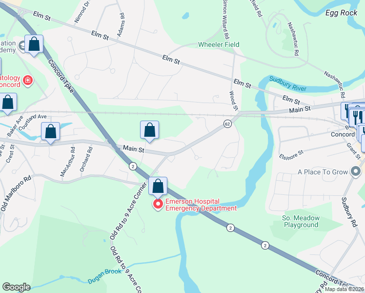 map of restaurants, bars, coffee shops, grocery stores, and more near 696 Main Street in Concord