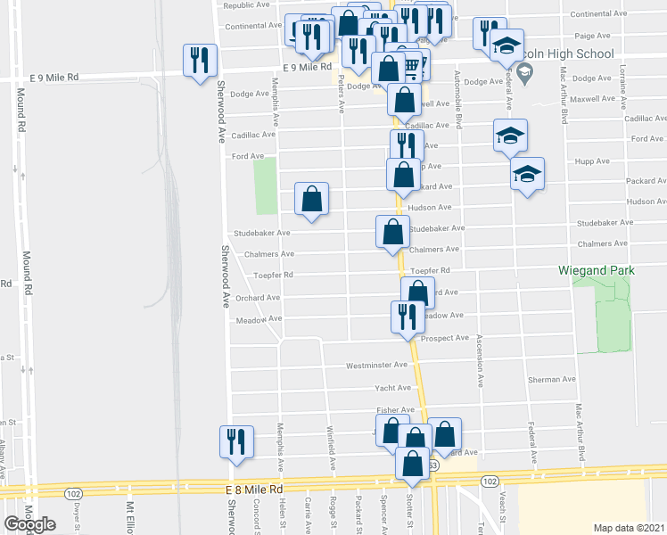 map of restaurants, bars, coffee shops, grocery stores, and more near 7251 Toepfer Road in Warren
