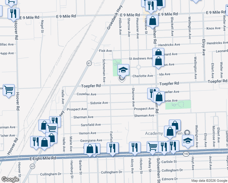 map of restaurants, bars, coffee shops, grocery stores, and more near 13017 Couwlier Avenue in Warren
