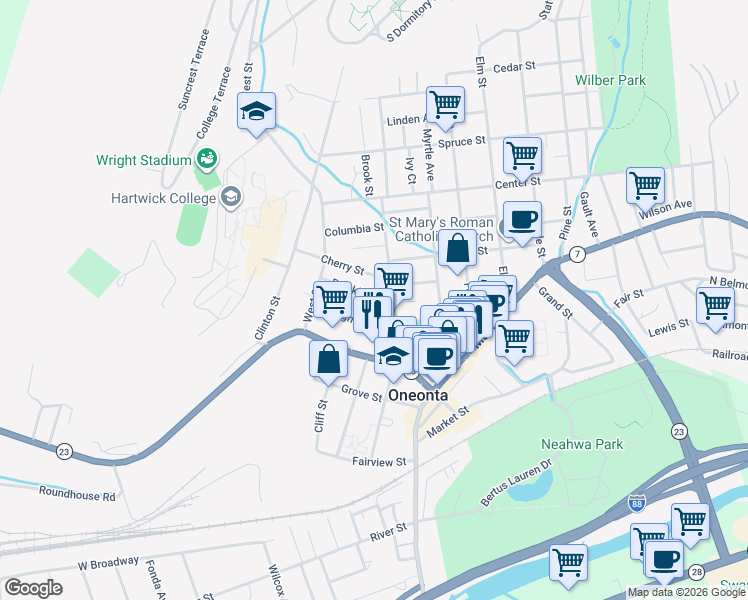 map of restaurants, bars, coffee shops, grocery stores, and more near 11 Harmon Avenue in Oneonta