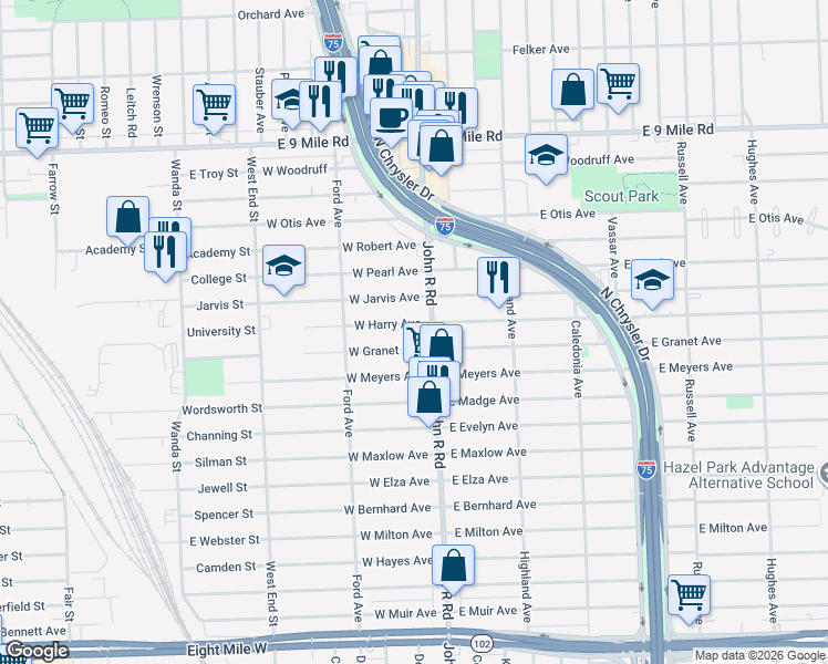 map of restaurants, bars, coffee shops, grocery stores, and more near 41 West Harry Avenue in Hazel Park