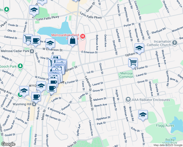 map of restaurants, bars, coffee shops, grocery stores, and more near 21 1st Street in Melrose